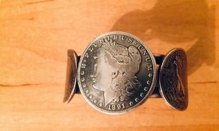 Vintage Navajo Coin 1891 Morgan Silver Dollar Cuff Bracelet 97 Grams 3