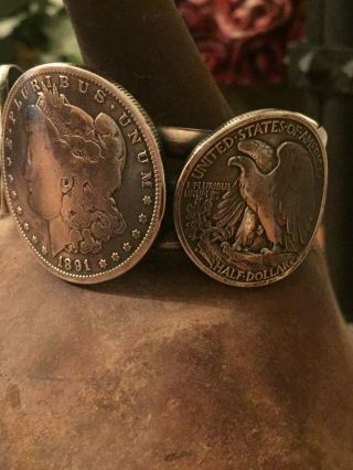 Vintage Navajo Coin 1891 Morgan Silver Dollar Cuff Bracelet 97 Grams 5