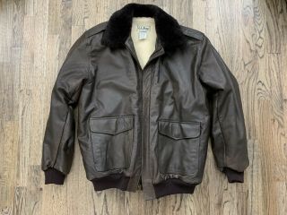 Men’s Vintage Ll Bean Bomber Flight Jacket Leather Made Usa Brown Sherpa Lg Tall