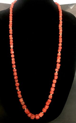 Vintage Long 37” Natural Red Coral Graduated Bead Necklace