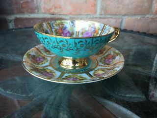 Vintage Love Story Tea Cup & Saucer Turquoise Gold Rudolf Rw Bavaria Germany