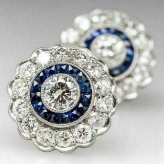 Vintage Art Deco 1.  89 Ct Diamond Sapphire Bezel Set Stud Earrings 14k White Gold