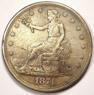1874 - Cc Trade Silver Dollar T$1 - Vf Details - Rare Carson City Coin