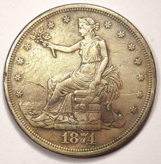 1874 - CC Trade Silver Dollar T$1 - VF Details - Rare Carson City Coin 3
