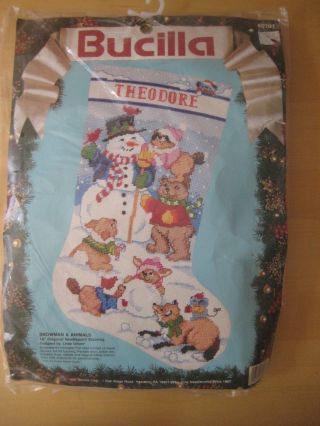 Bucilla 60707 " Snowman & Animals " 18in Christmas Stocking Needlepoint Kit Vtg