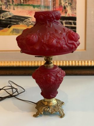 Vintage Fenton Ruby Red Rose Gone With The Wind Table Parlor Lamp