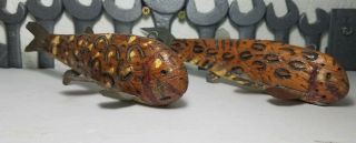 Pair 2 Antique Fishing Decoy Lure Folk Art Hand Carved Wood Fish Spearing Rare