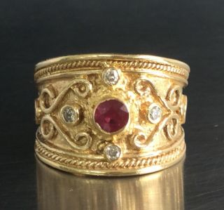 $2364 Vintage Etruscan Style Ruby And Diamond Wide Band Ring 14k Yellow Gold