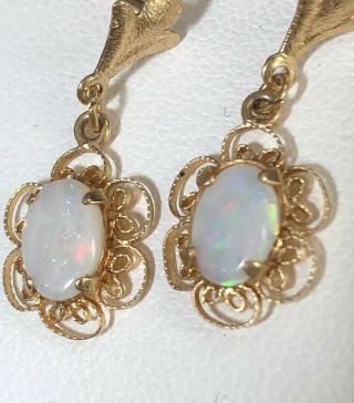 Vintage 14 Karat Yellow Gold Filigree Drop Dangle Opal Vintage Pierced Earrings