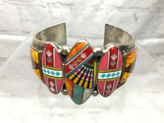Vintage Zuni Sterling Silver Multi - Color Stone Inlay Cuff Bracelet 53g