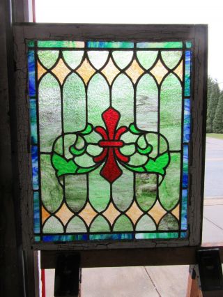 Antique Stained Glass Window Fleur De Lis 28.  5 X 33.  25 Salvage