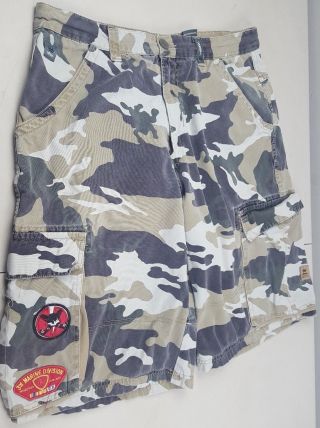 Jnco 3rd Marine Division Patch Camo Cargo Jean Shorts 36w Rare Vintage 90s
