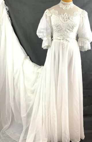 Vintage Alfred Angelo Sheer Victorian Flowing Wedding Dress Gown Long Train