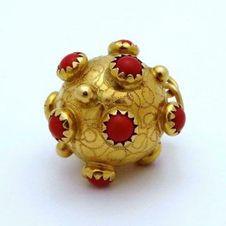 Stunning Vintage 18k Gold 3d Jeweled Coral Sputnik Miners Ball Fob Charm Pendant