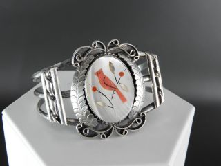 Vintage Native American Sterling Silver Cuff Bracelet Mother Pearl Signed Small