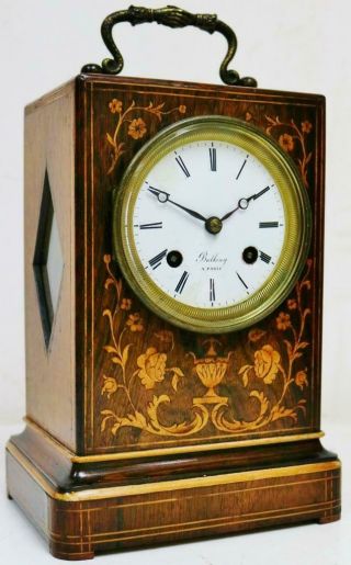 Antique French Empire 8 Day Bell Striking Marquetry Inlaid Officers Mantel Clock