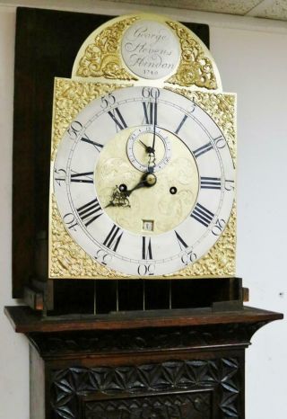 Antique 18thC English 8 Day Highly Carved Brass Dial Longcase Grandfather Clock 10