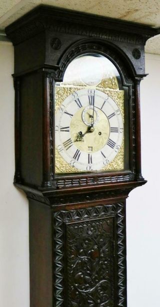 Antique 18thC English 8 Day Highly Carved Brass Dial Longcase Grandfather Clock 4