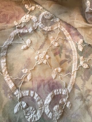 Antique Vintage Embellished Tambour Net Lace Bed Cover Bedspread & Sham Ecru