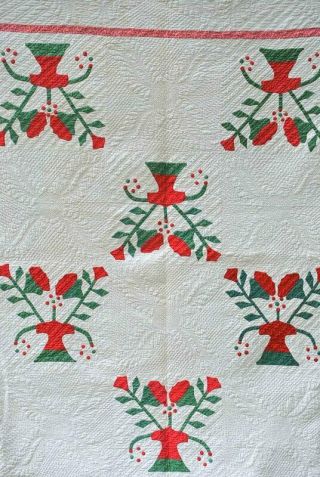 19thc Victorian Applique Floral Quilt Extensive Hand Feather Pattern Quilting