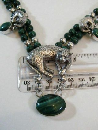 Vintage Designer Carol Felley Triple Cheetah Panther Sterling Malachite Necklace 10