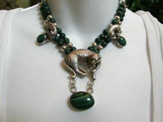 Vintage Designer Carol Felley Triple Cheetah Panther Sterling Malachite Necklace 12