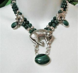 Vintage Designer Carol Felley Triple Cheetah Panther Sterling Malachite Necklace