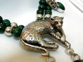Vintage Designer Carol Felley Triple Cheetah Panther Sterling Malachite Necklace 2