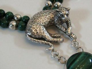 Vintage Designer Carol Felley Triple Cheetah Panther Sterling Malachite Necklace 3