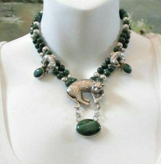 Vintage Designer Carol Felley Triple Cheetah Panther Sterling Malachite Necklace 6