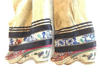 Antique Chinese Embroidered Silk Bound Foot Feet Lotus Shoes Flowers Gold Thread