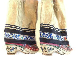 Antique Chinese embroidered silk bound foot feet lotus shoes flowers gold thread 2