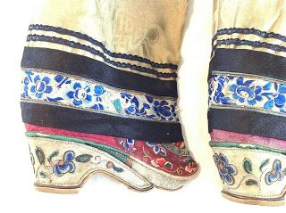 Antique Chinese embroidered silk bound foot feet lotus shoes flowers gold thread 3