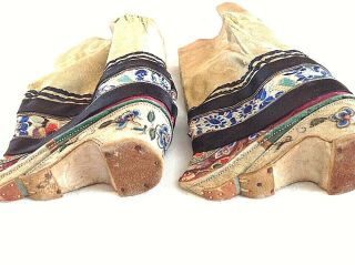 Antique Chinese embroidered silk bound foot feet lotus shoes flowers gold thread 6