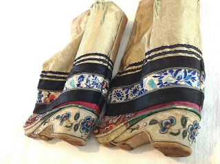 Antique Chinese embroidered silk bound foot feet lotus shoes flowers gold thread 7