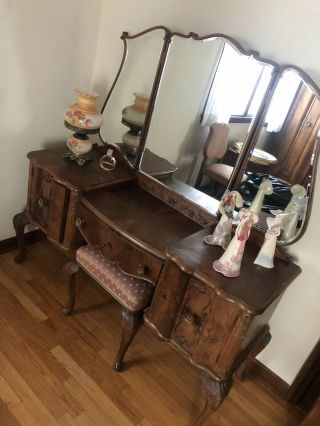 Vintage Wood Bedroom Set - Bed Frame,  Armoire,  Vanity,  Bedside Table
