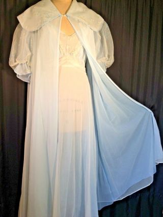 Schiaparelli Vintage Peignoir Set 50s Sweep Ss Sissy Blue Gown Robe Negligee 34