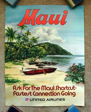 Vintage 1970s United Airline Hawaii Travel Poster Train Art Maui Air