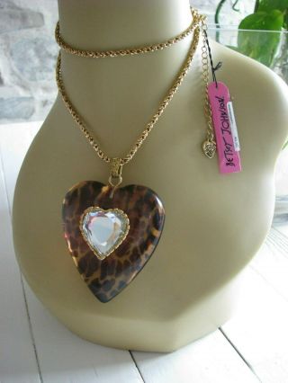 Betsey Johnson Vintage Large Puffy Lucite Leopard Heart Statement Necklace Nwt