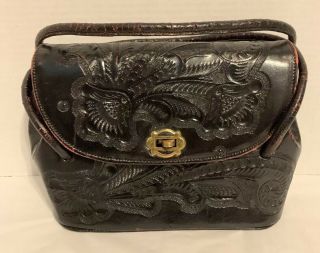 Vintage Mexican Hand Tooled Carved Western Black W/ Red Leather Bag Purse