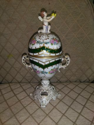 Vintage Dresden Porcelain Covered Urn With Cherub Holding Bird 10 "