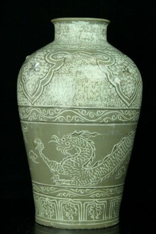 Aug080 Korean Goryeo Celadon Porcelain White&black Inlay Vase Pot Dragon Design