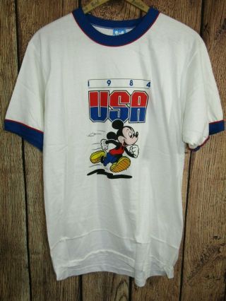 Vtg 80s Mickey Mouse Usa 1984 La Los Angeles Olympics Disney Ringer T - Shirt L