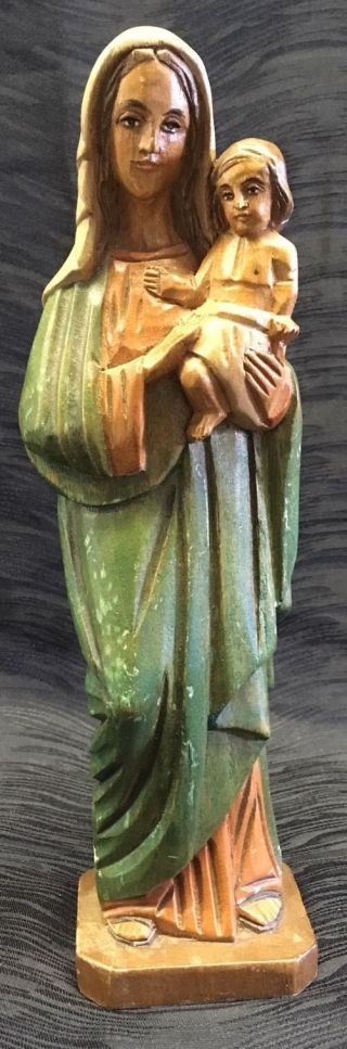 Antique Vtg Hand Carved And Colored Mary And Baby Jesus Wooden Statue Rare 12 "