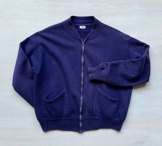 Vintage 50s 60s Akom Medium Zip Up Sweatshirt Navy Blue All Cotton Rare