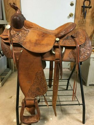 Vintage Olsen - Stelzer Tooled Western Saddle (est.  1940s,  Texas)