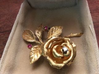 Vintage 14 Karat Gold Yellow Ruby And Diamond Rose Flower Brooch Pin 17 Grams