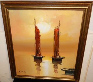 Kim Y.  H.  Vintage Sail Boats Seascape Oil On Canvas Painting
