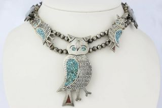 Vintage Navajo Sterling Silver,  Turquoise & Coral Owl Squash Blossom Necklace