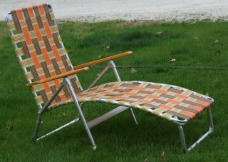 Vintage Mid Century Lounge Chair Webbing Orange Wood Aluminum Lawn Folding Patio